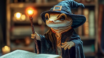 A whimsical creature in a wizard hat, casting spells with a magic wand in a mystical library setting.