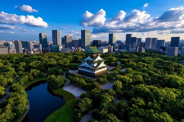 Fototapeta premium Osaka Castle standing tall, nestled among modern skyscrapers, blending history and contemporary architecture in the heart of the city