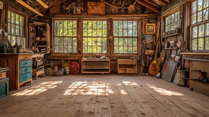 Obraz premium Sunbeams illuminate the wooden floor of an old rustic workshop with various tools and wooden furniture.