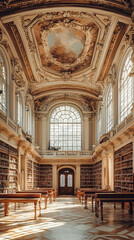 Obraz premium A panoramic view of grand library reading room showcases stunning architecture, with high ceilings, intricate details, and abundant natural light illuminating space