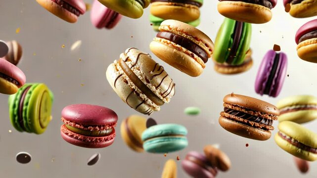 Various colorful of macarons floating on the air, Desserts sweet cake concept. Video 4K