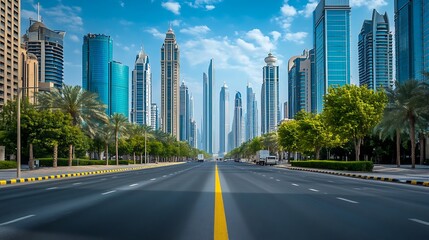 Obraz premium Modern Cityscape with Skyscrapers and Palm Trees