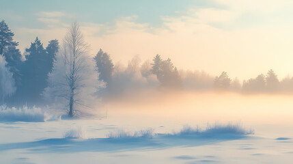 Fototapeta premium Peaceful winter background with a snowy meadow, gentle morning light, and misty fog. Foggy Morning. Illustration