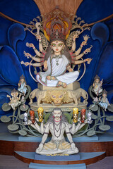 Fototapeta premium Beautiful idol of Goddess Devi Durga takes centre stage during the Durga Puja festival of Hinduism in Kolkata, West Bengal, India
