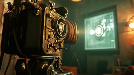 Fototapeta premium A classic film projector casts moving images onto a wall, with the reels spinning, evoking the charm of vintage cinema.