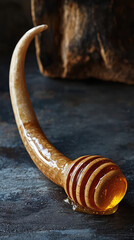 A shofar and honey symbolize sweet new year, perfect for celebrations and traditions. honey drips beautifully, enhancing festive atmosphere
