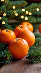 Tangerines with spruce branches lie on the table decorated with a garland with small lights