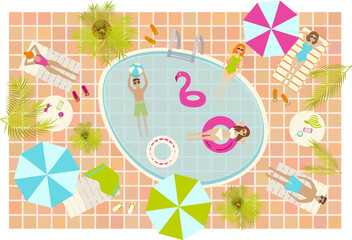 Tropical swimming pool illustration with young women and men dressed in the swimsuits