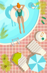 Summer vacation rectangular illustration with ginger girl in a swimming pool dressed in green bikini