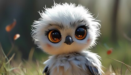 Naklejka premium This adorable image features a fluffy white owl with large, expressive eyes. The owl is perched in a grassy field, with a blurred background of green foliage and colorful flowers. 
