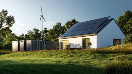 Obraz premium Modern eco-friendly house with solar panels, wind turbine and battery storage.