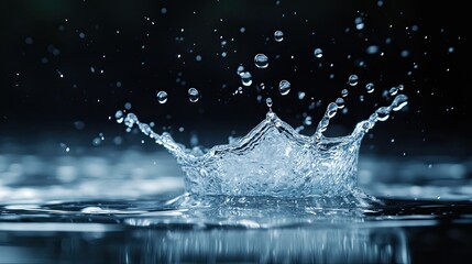 A dynamic splash of water with droplets suspended in mid-air against a dark background