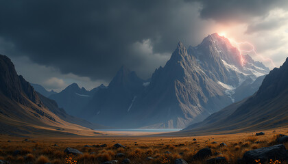 Dramatic Mountain Range with Storm Clouds and Lightning Strike