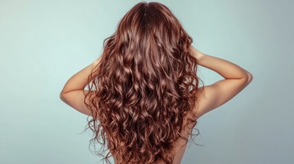 Fototapeta premium back view of a girl with gorgeous long curly brown hair shiny and healthy flowing curls studio portrait of a graceful brunette with natural beauty and elegance