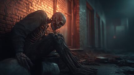 Fototapeta premium A terrifying infected figure hunched over in a dark corner of an abandoned building, its skeletal body twitching and glowing faintly with viral energy.