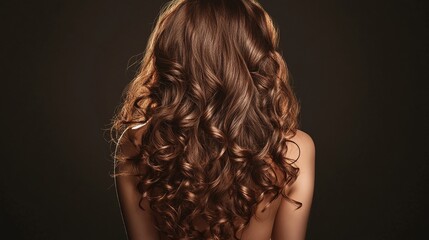 Fototapeta premium studio portrait of an attractive girl with gorgeous long curly brown hair back view of a brunette woman with shiny healthy curls and natural beauty in an elegant style