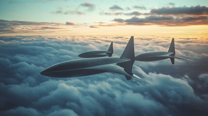 Naklejka premium Sleek Aerial Wind Turbines Floating Above Clouds,Harnessing High-Altitude Winds for Renewable