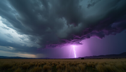 Fototapeta premium Purple Lightning Strike Over Open Desert During Thunderstorm