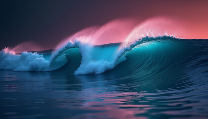 Fototapeta premium Massive Ocean Wave Crashing at Sunset with Pink and Purple Hues