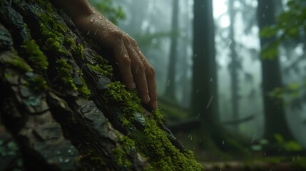 A hand is touching a mossy tree trunk in a forest