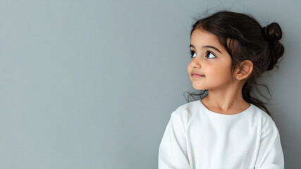 Side view of Arabian little girl wearing white dress isolated on gray