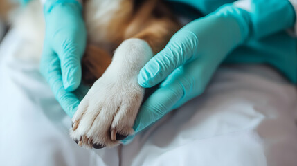 closeup female veterinarian hands in latex gloves examining dog paw, concept background for pet healt and veterinary