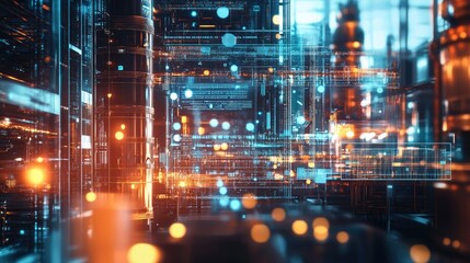 Obraz premium A futuristic factory setting, showcasing quantum networks enhancing communication for advanced manufacturing.