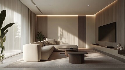 A minimalist living room interior with clean lines, neutral tones, and a few carefully chosen decor pieces