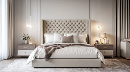 A modern bedroom interior with a tufted headboard, neutral bedding, and stylish bedside tables