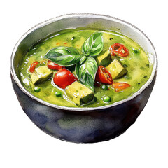 A bowl of green soup with a lot of vegetables in it