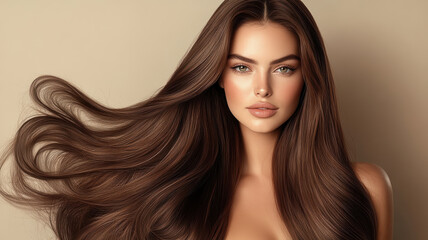 Fototapeta premium A woman with long brown hair is standing in front of a white background. She has a beautiful smile and her hair is blowing in the wind