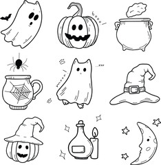 Traditional Halloween symbols: ghosts, ghost cat, pumpkin, witch hat, potion, candles, spider, cobweb, night. Drawn vector isolated on white, doodle. Set of Halloween stickers, icons. Festive mood.