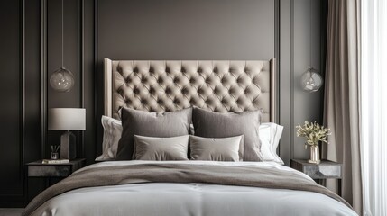 Fototapeta premium A modern bedroom interior with a tufted headboard, neutral bedding, and stylish bedside tables