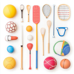 Fototapeta premium Colorful sports equipment arranged neatly, showcasing various types of balls and rackets. This vibrant collection includes items for different sports, perfect for active play and fitness