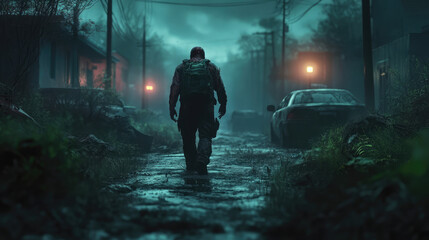 An infected humanoid figure staggering through an abandoned city at night, its decayed skin glowing faintly under the flickering streetlights.