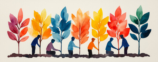 Colorful watercolor illustration of people planting trees, promoting environmental awareness and community involvement.