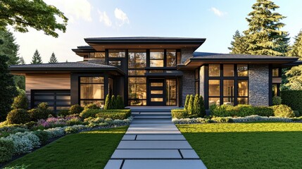 A modern home exterior with clean lines, large windows, and a beautifully landscaped front yard