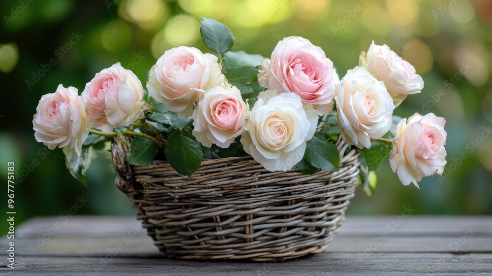 Wall mural A mix of pink and white roses in a charming vintage basket, resting on a garden table, capturing the beauty of nature.