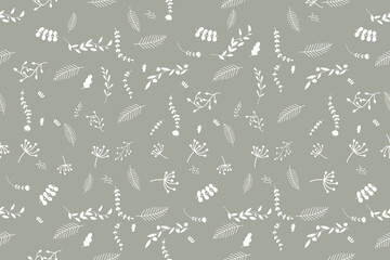Vector leaves pattern in doodles style endless print.	Seamless pastel pattern with assorted botanical elements on a light background, ideal for fabric or wallpaper.