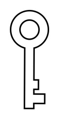 Black and white outline of a vintage key with a circular bow and simple bit design. Ideal for retro themes, unlocking concepts, security visuals, minimalistic designs, and vintage aesthetics. Simple