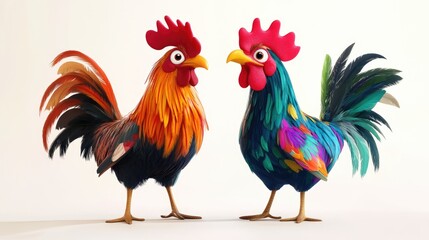 Fototapeta premium Two colorful animated roosters stand proudly against a simple white background, bold and vibrant.