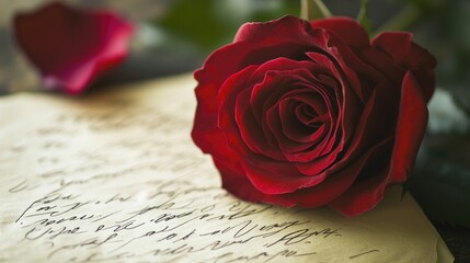 A red rose placed on a handwritten love letter, with its petals gently touching the paper, symbolizes eternal love.
