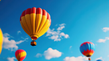 Fototapeta premium A bunch of hot air balloons are flying in the sky. The balloons are of different colors and sizes, and they are all floating high above the clouds. The scene is peaceful and serene