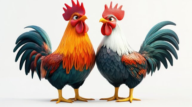 Two colorful animated roosters stand proudly against a simple white background, bold and vibrant.