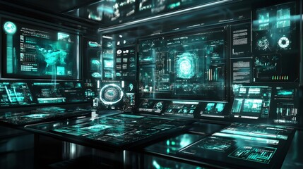 Futuristic control room with glowing screens displaying data and information, a dark, sleek design, and a sense of high technology.