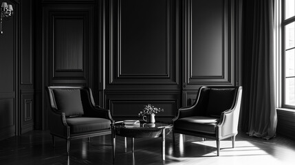 Classic black interior with armchairs and coffee table 