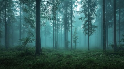 A misty forest scene with tall trees and dense fog creating a serene atmosphere.