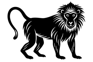 A wild cat animal vector illustration shows a cartoon lion silhouette, a mammal drawing with a tail, suitable as a symbol or tattoo design from the zoo