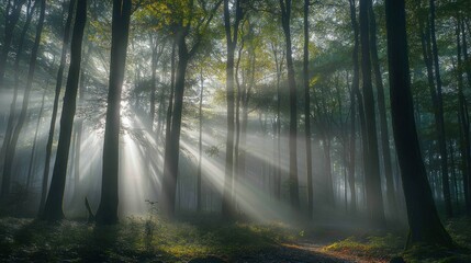 Obraz premium A serene forest scene with sunlight filtering through misty trees, creating a tranquil atmosphere.