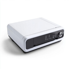 A sleek and compact white printer with black accents, featuring digital controls, isolated on a plain white background.